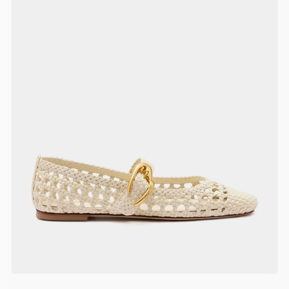 Larroude Cream Woven Loafers with Gold Accent
